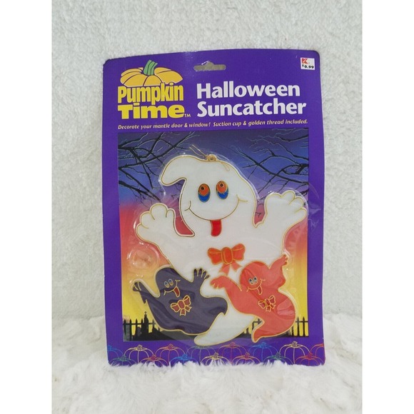 VINTAGE PUMPKIN TIME/KMART HALLOWEEN GHOSTS SUNCATCHER 8" X 7" NOS NIP! - Picture 3 of 3